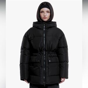 NWT PUFFIT BLACK MID LENGTH PUFFER HOODED JACKET WITH WAISTBAND SMALL